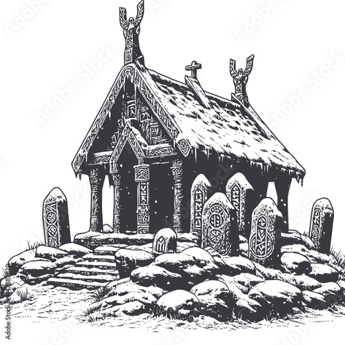 Nordic shrine enveloped in snow, showcasing runestones that tell stories of Norse mythology and spiritual beliefs.