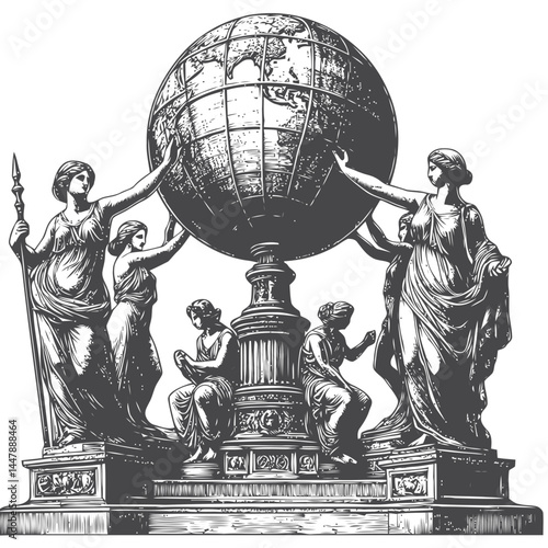 Elegant sculpture monument featuring statues holding a globe, celebrating global unity and harmony.