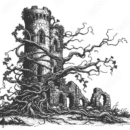 Ruined tower with rich architectural details wrapped in vines, symbolizing the union of history and nature.