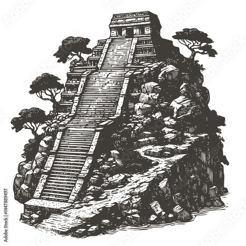 Majestic tiny Mayan temple on a steep cliff featuring intricate stepped architecture and cultural details.