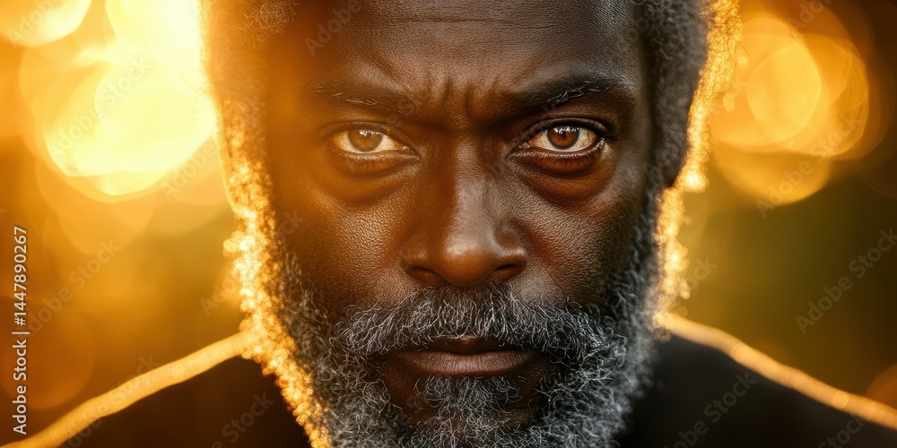 Portrait of a man with a striking beard staring intensely at the camera during golden hour in a natural setting Portrait of a man with a striking beard staring intensely at the camera during golden hour in a natural setting