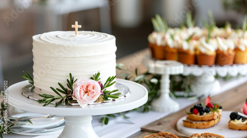 White cake with cross and flowers for baptism or religious celebration. Celebrating the First Communion