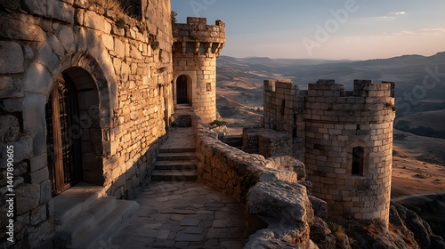 Old stone castle architecture during golden hour