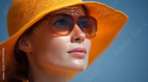 Frau mit gelbem Sonnenhut und Sonnenbrille vor blauem Himmel
