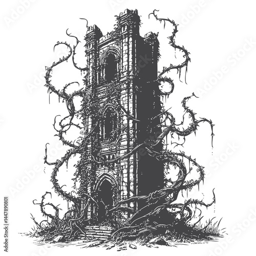 Majestic ruined tower cloaked in vines, showcasing the intricate beauty of history entwined with nature.