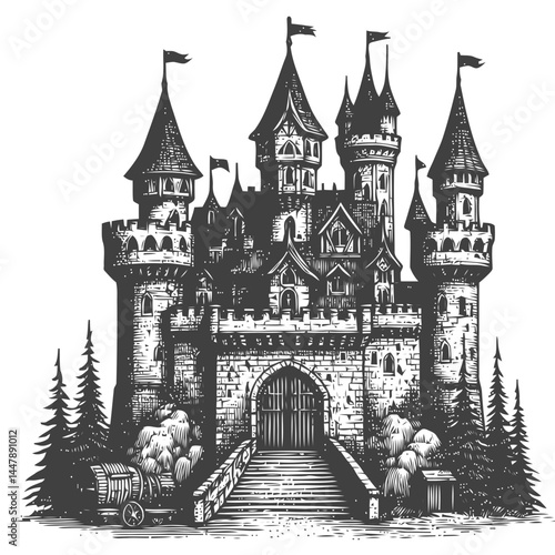 Tiny medieval castle with a beautifully crafted drawbridge and surrounded by lush greenery and historic architectural charm.