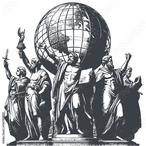 Elegant artistic monument of statues bearing a globe, symbolizing strength and harmony in unity.