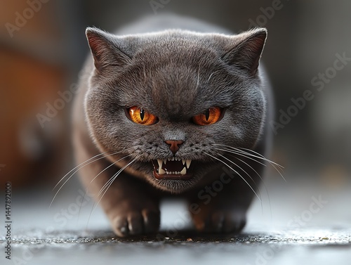 Gray-furred cat with piercing orange eyes baring sharp teeth, menacing crouch on blurred charcoal backdrop.