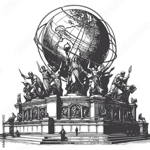 Sculptural masterpiece of statues bearing a globe, a symbol of unity, strength, and interconnectedness.