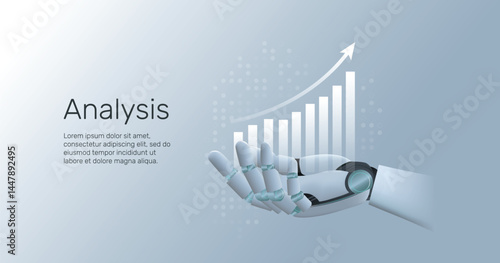 AI humanoid hand holding  transparent growth graph chart with up arrow, machine learning, Artificial Intelligence technology innovation background, Finance and stock market concept.