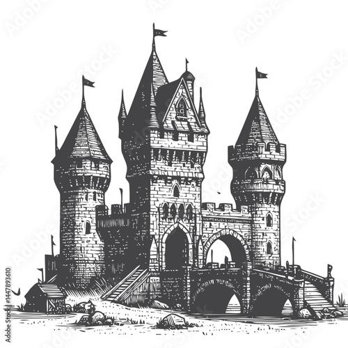 Enchanting tiny castle with a drawbridge set amidst a picturesque medieval landscape and rich historic design elements.