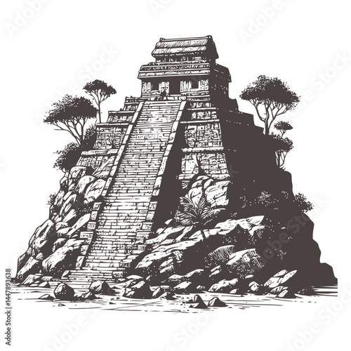 Charming artistic representation of a Mayan temple on a dramatic stepped cliff, rich in historic design.