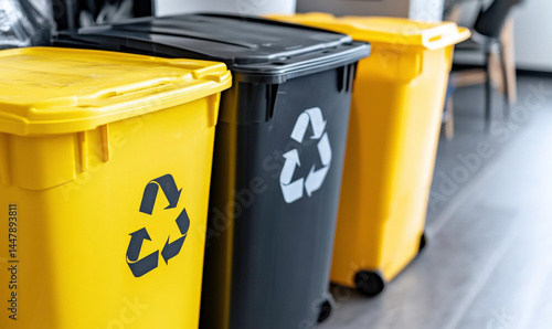 Colorful recycling bins for waste separation in a modern office environment highlighting sustainability and environmental responsibility in daily life