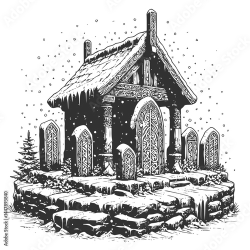 Magical Norse shrine wrapped in snow, featuring runestones as a tribute to Nordic mythology and spirituality.