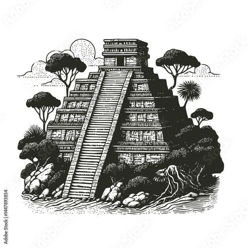 Intricate depiction of a tiny Mayan temple perched on a steep stepped cliff with stunning architectural details.
