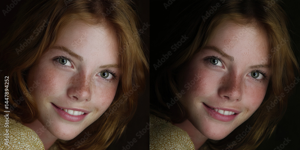 Comparative Portrait: Young Woman with Auburn Hair, Before and After Lighting Adjustment