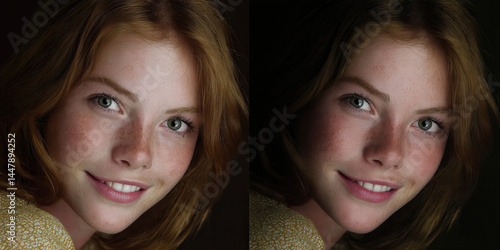 Obraz na płótnie Comparative Portrait: Young Woman with Auburn Hair, Before and After Lighting Adjustment w salonie