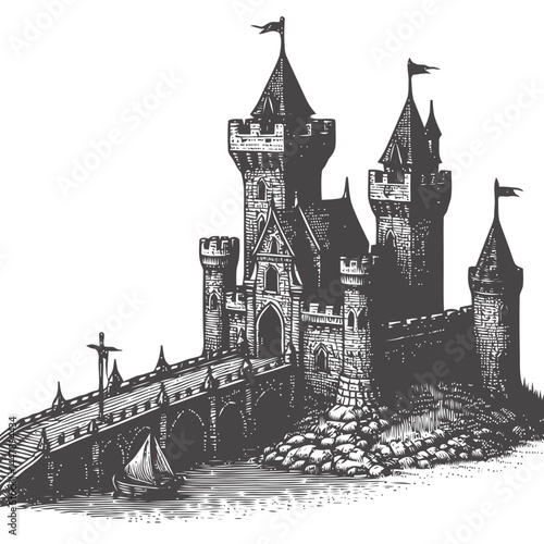Tiny medieval castle with a functional drawbridge surrounded by lush greenery and an aura of historic architectural charm.