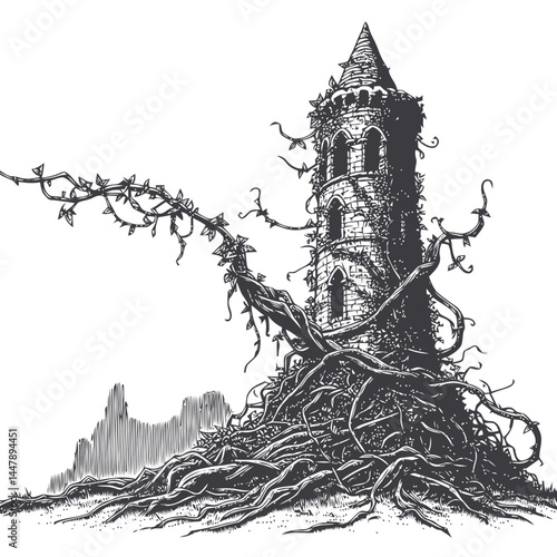 Ruined tower with detailed stonework entwined in vines, blending the rustic charm of history with nature.