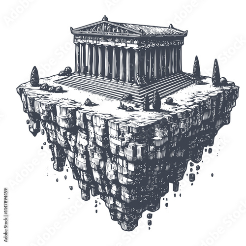 Dreamlike representation of the Greek Parthenon suspended on a floating island with magical skies and artistic creativity.