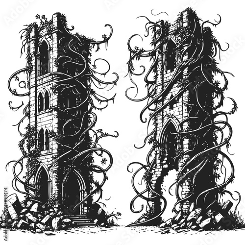 Elegant ruins of a tower embraced by lush vines, showcasing architectural details overrun by nature.