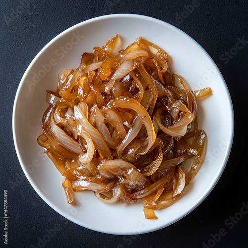 Top view, flat lay, close-up of caramelized onions.