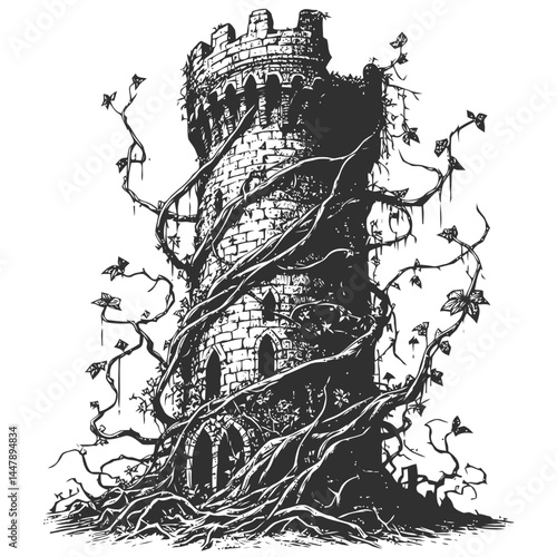 Old stone tower covered with vibrant vines, blending historic ruins with the beauty of natural growth.