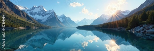 Sunlit snow capped peaks reflecting in crystal clear lake , bright, travel, cold