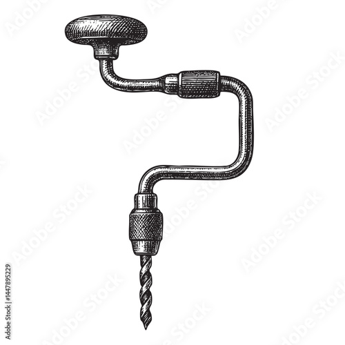 old-fashioned hand drill woodcut engraving vector illustration