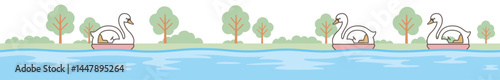 木と水の風景の中に白鳥モチーフのスワンボートが浮かぶシームレスなベクターラインイラスト(Seamless vector line illustration of a swan boat with a white swan motif floating in a landscape of trees and water)