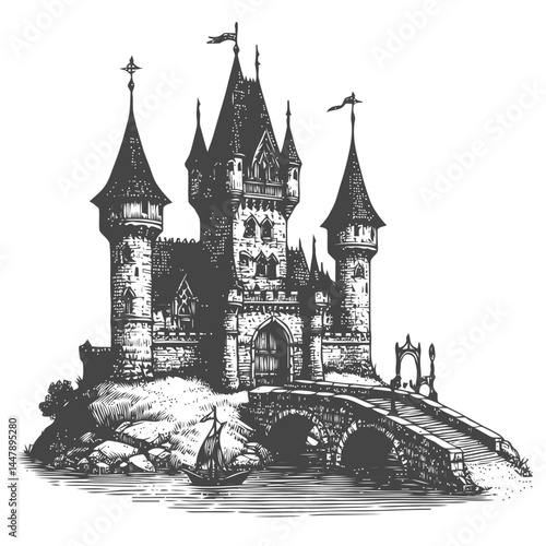 Medieval tiny castle adorned with a traditional drawbridge and surrounded by lush greenery, highlighting its historic charm.