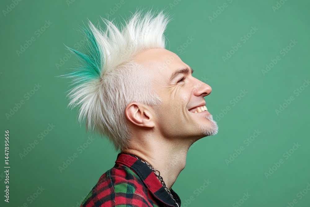 Modish men's colored crest haircut - midlife white man with white hair. Pattern of style for aging men. A poised man displaying elegance and charm. Green solid background.