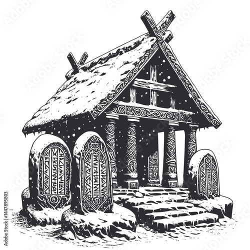 Snow-covered Norse shrine featuring intricately carved runestones, reflecting Nordic culture and ancient traditions.