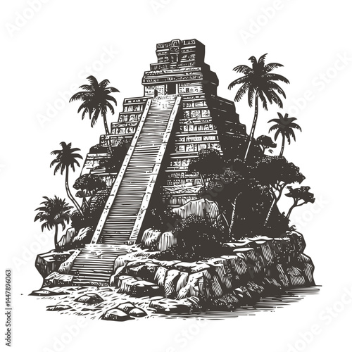 Detailed depiction of a tiny Mayan temple on a stepped cliff with rich cultural heritage and stunning views.