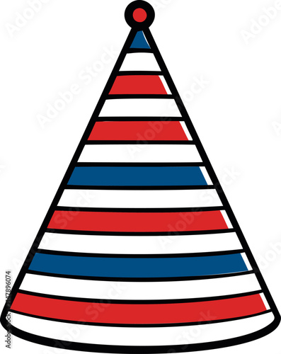 Striped party hat with red, white, and blue colors, cartoon style. Vector illustration