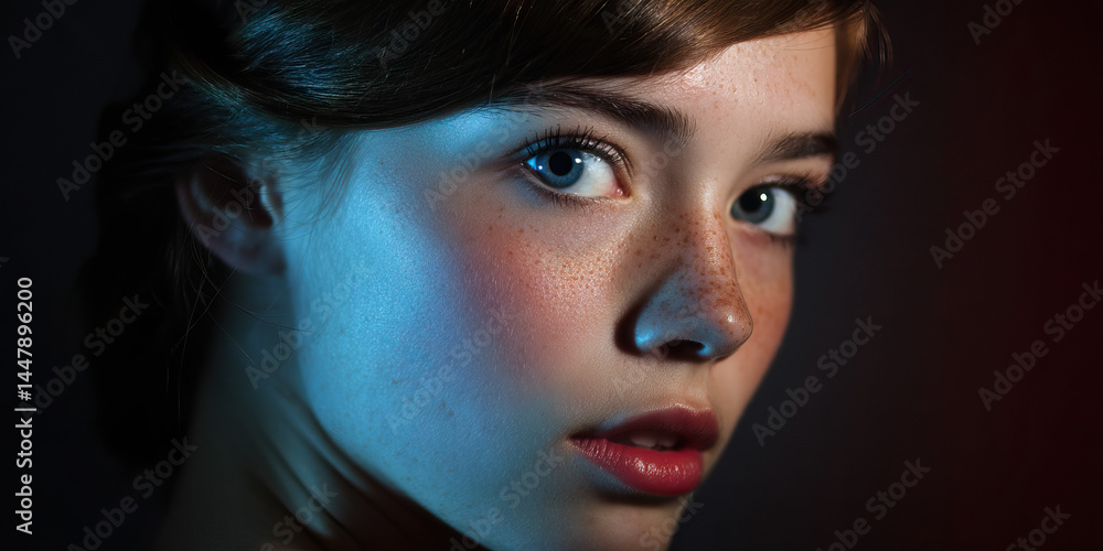 Portrait of a Young Woman with Freckles and Blue Eyes