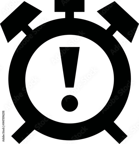 Alarm clock icon with exclamation mark in bold black silhouette style. Vector illustration