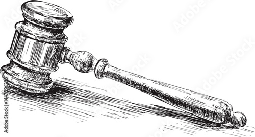 Wooden judge gavel illustration in detailed pen sketch style, law concept. Vector illustration