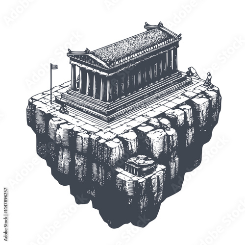 Floating island featuring the Greek Parthenon, vibrant skies, and a harmonious blend of ancient and artistic designs.