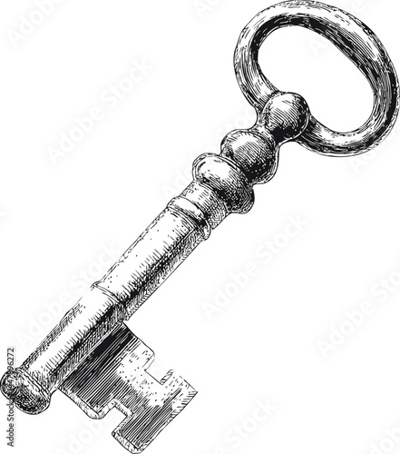 Vintage black and white illustration of an ornate skeleton key. Vector illustration