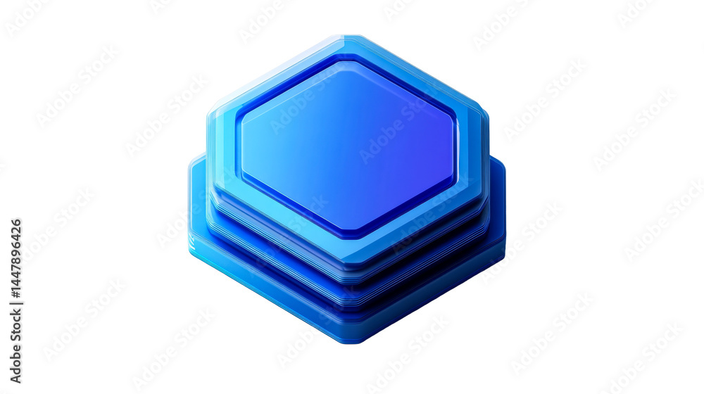 Isolated three-layer hex platform, vibrant blue gradients. cut out transparent
