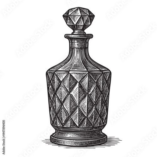 crystal decanter with stopper  woodcut engraving vector illustration