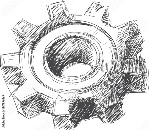 Detailed sketch of a mechanical gear drawn in black concept design. Vector illustration