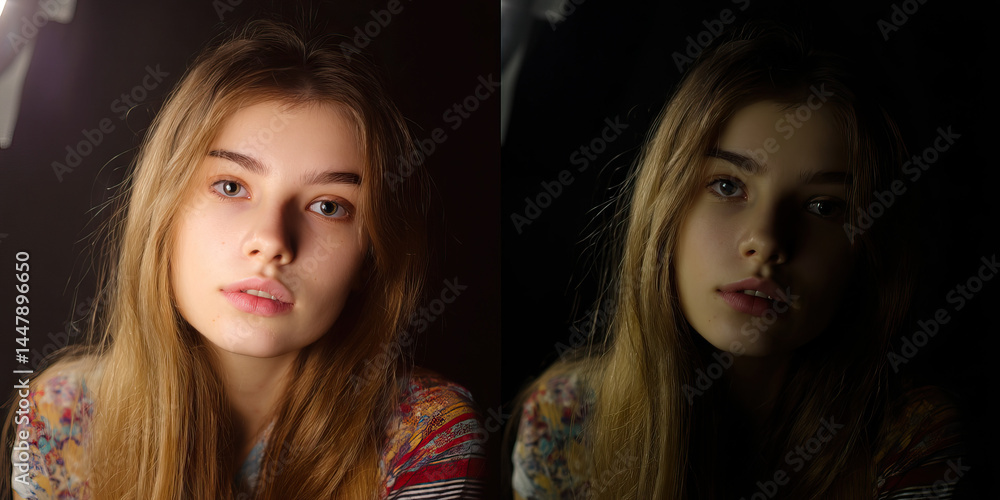 Comparative Portrait of Young Woman with Varying Lighting