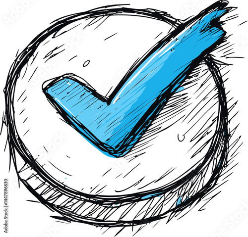 Blue check mark inside a sketched circle, representing confirmation concept. Vector illustration
