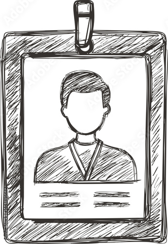 Hand-drawn sketch of a blank ID badge with abstract person design. Vector illustration