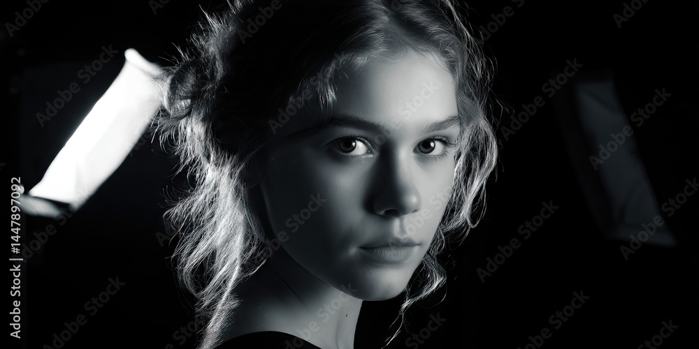 Black and White Portrait of a Young Girl with Dramatic Lighting