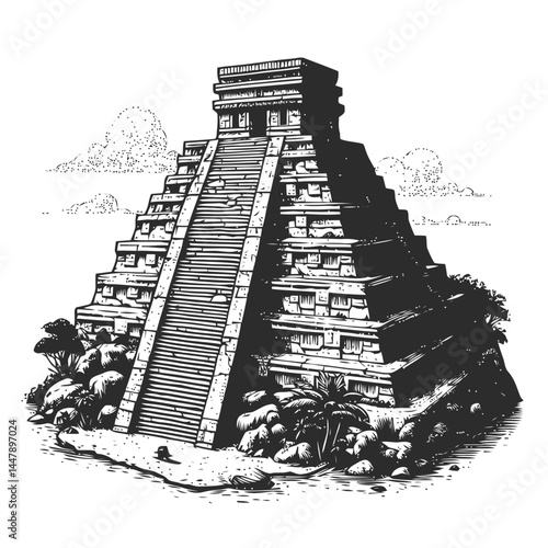 Beautiful Mayan temple nestled on a stepped cliff, showcasing its historic stonework and stunning artistic design.