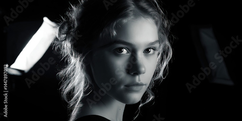 Obraz na płótnie Black and White Portrait of a Young Girl with Dramatic Lighting w salonie