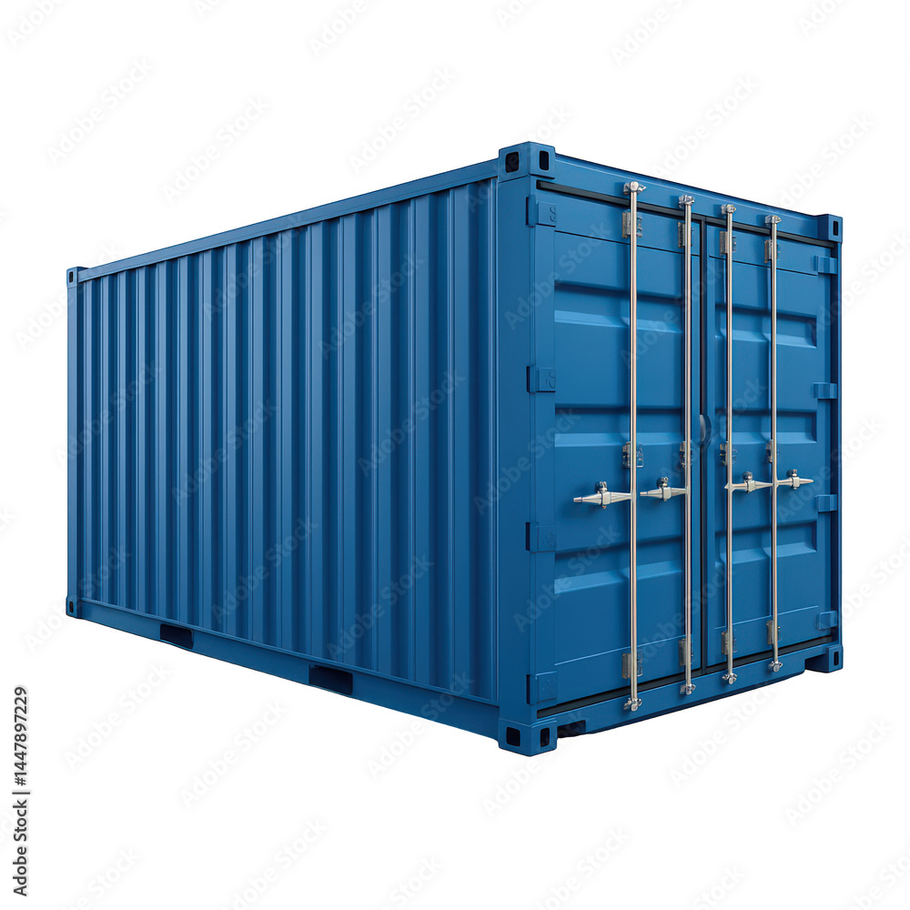 Realistic 3D depiction of a standard blue cargo container, a crucial element in global transport and storage. Realistic 3D depiction of a standard blue cargo container, a crucial element in global transport and storage.